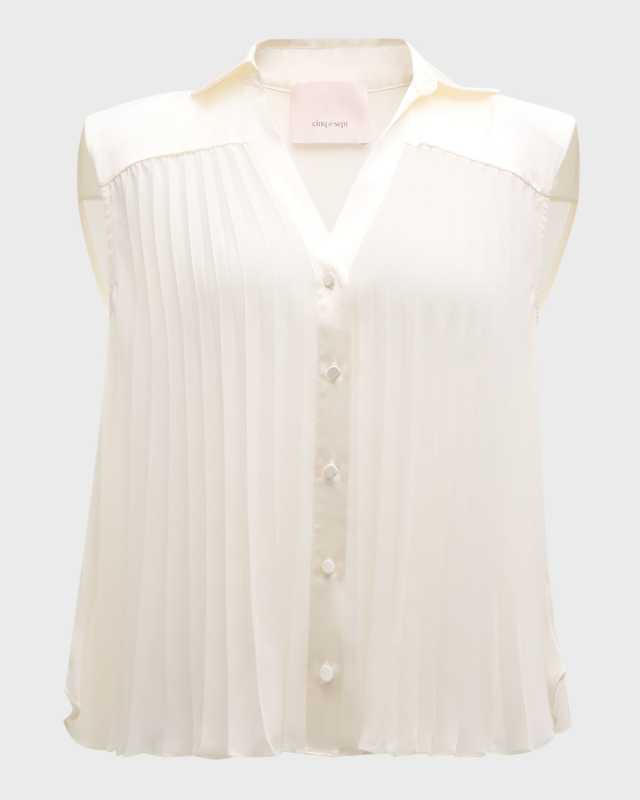Claire Sleeveless Pleated Button-Front Top