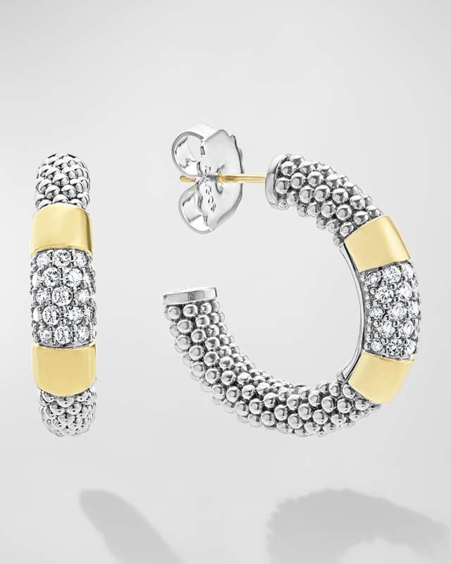 Diamond Hoop Earrings with Smooth 18K Gold and Classic Sterling Silver Caviar Beading