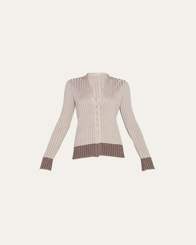Metallic Stripe Ribbed Snap-Front Cardigan