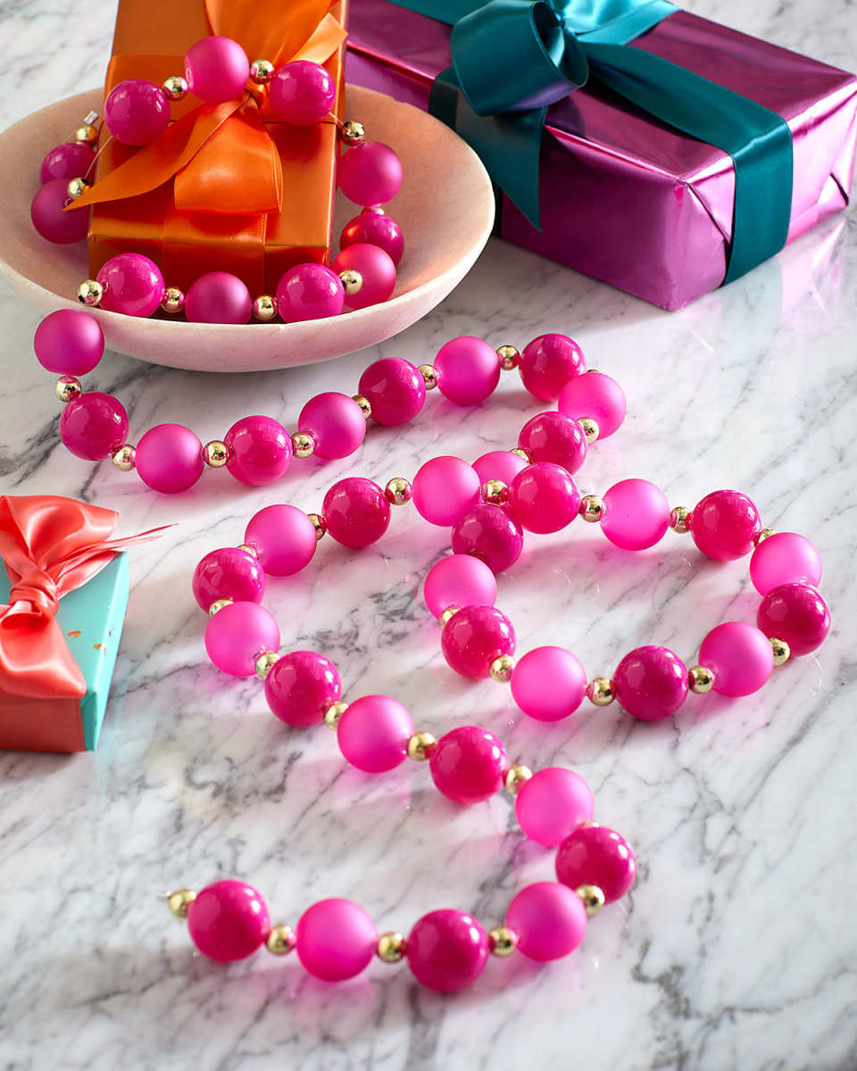 60" Sugar Plum Frosted Glass Ball Christmas Garland, Hot Pink