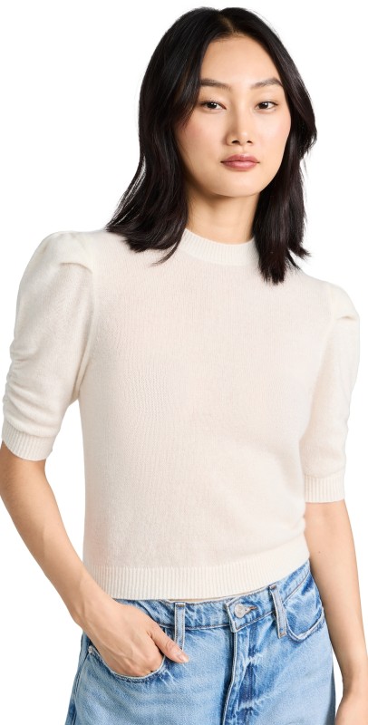FRAME Ruched Sleeve Cashmere Sweater Cream