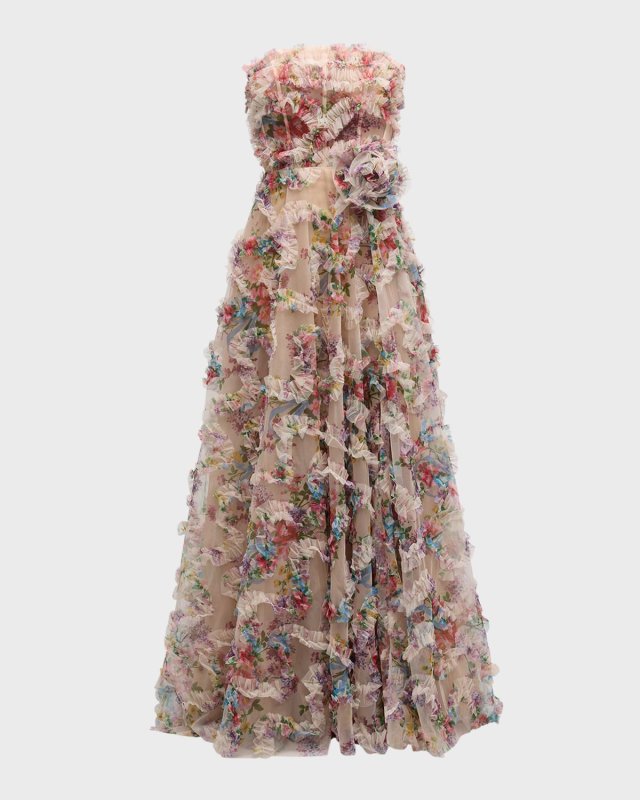 Strapless Floral-Print Ruffle Gown