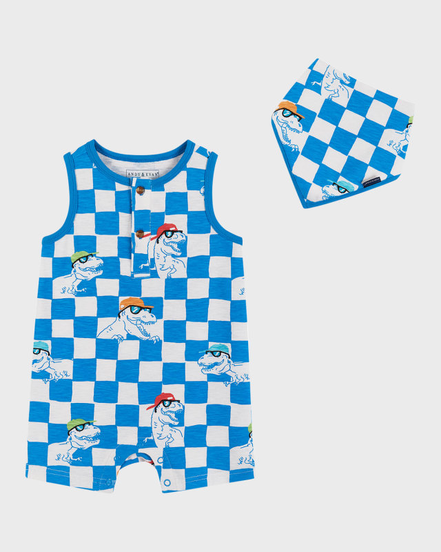 Boy's Check-Print Playsuit W/ Matching Bib, Size Newbor