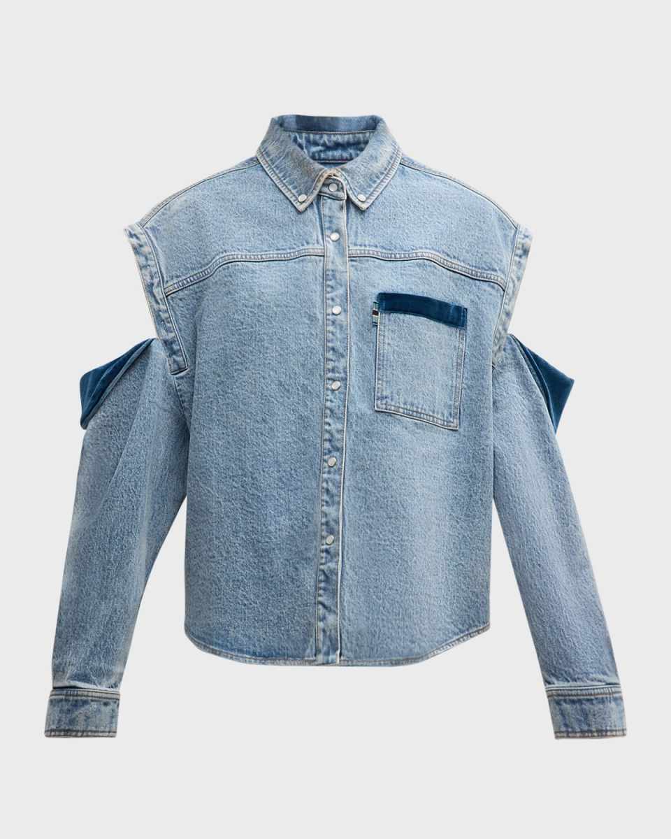 Culter Velvet-Trim Cold-Shoulder Oversized Denim Shirt
