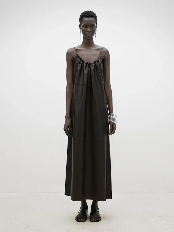 Massimo Dutti STRAPPY NAPPA LEATHER DRESS WITH GATHERED DETAIL