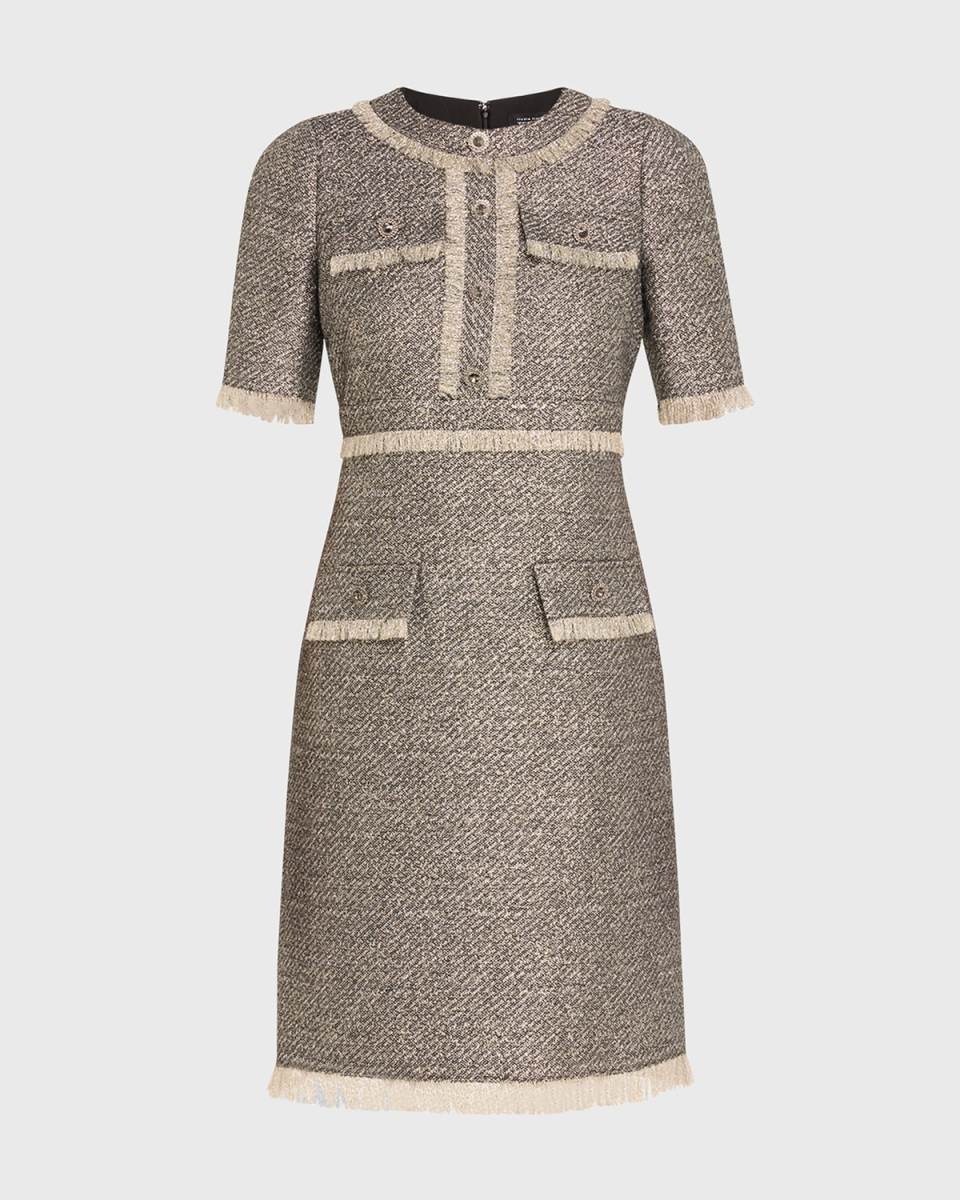 Fringe-Trim Metallic Tweed Dress