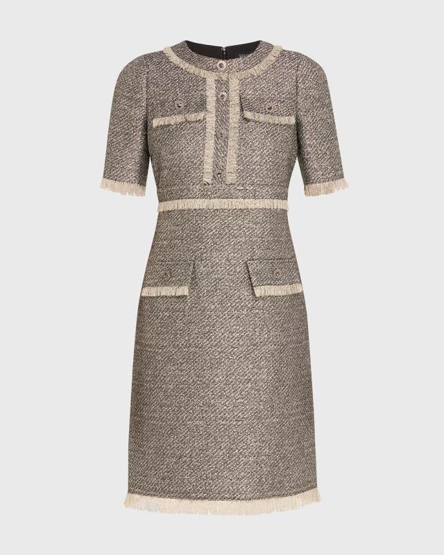 Fringe-Trim Metallic Tweed Dress