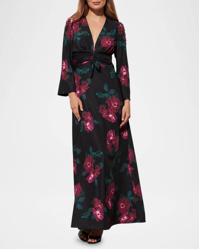 Harley Floral Crystal Long-Sleeve Maxi Dress