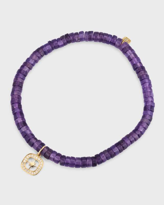 14k Gold Amethyst Beaded Bracelet with Diamond Starburst Charm