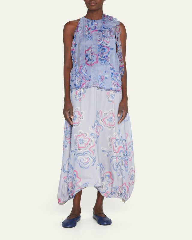 Floral-Print Bow Pleated Organza Tank