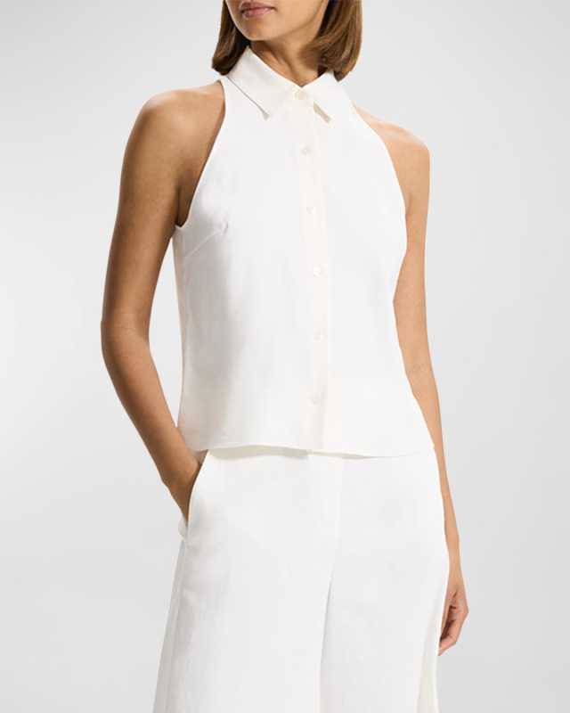 Sleeveless Linen-Blend Button-Front Halter Shirt