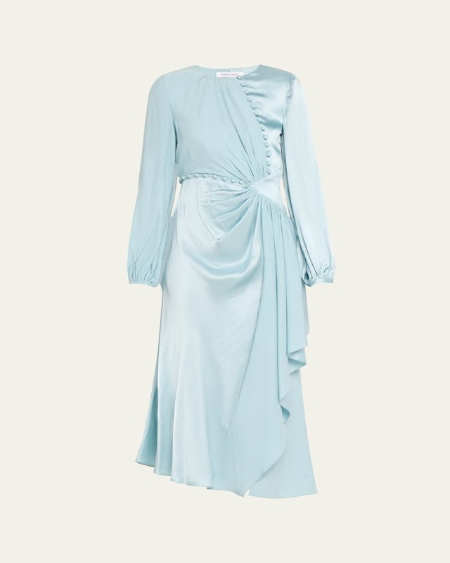 Buttoned Cascade Ruffle Slit Silk Midi Dress