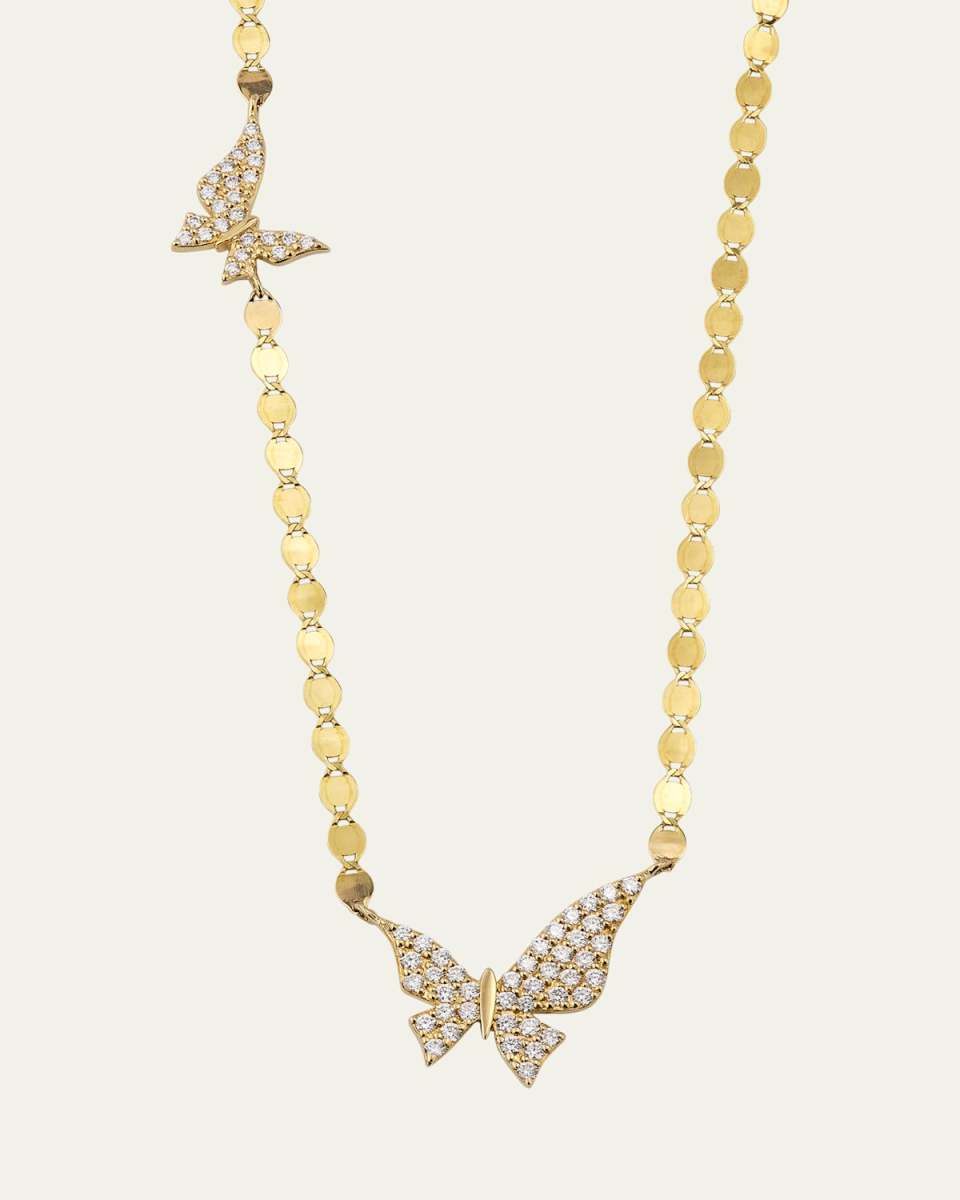 14K Yellow Gold Flawless Double Butterfly Necklace with Diamonds