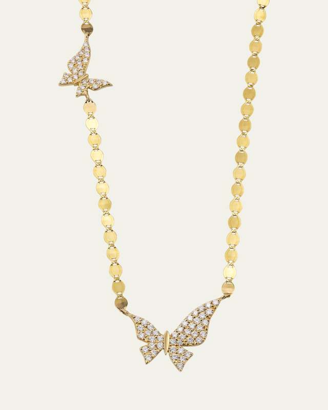 14K Yellow Gold Flawless Double Butterfly Necklace with Diamonds
