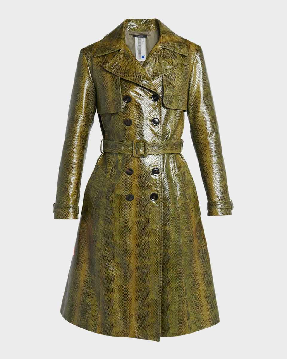 Ayers Snakeskin-Print Belted Goat Leather Trench Coat
