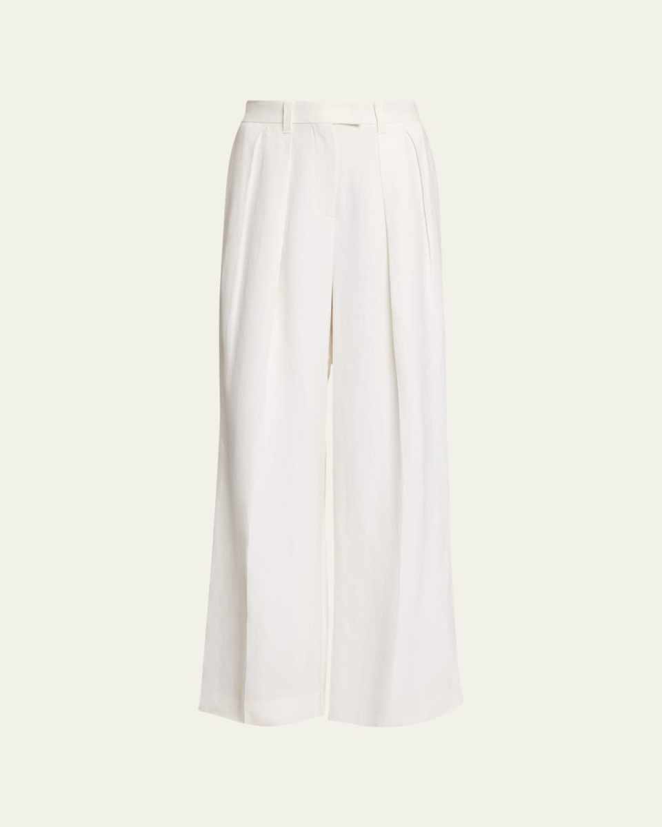 Fluid Linen Pleated Wide-Leg Trousers
