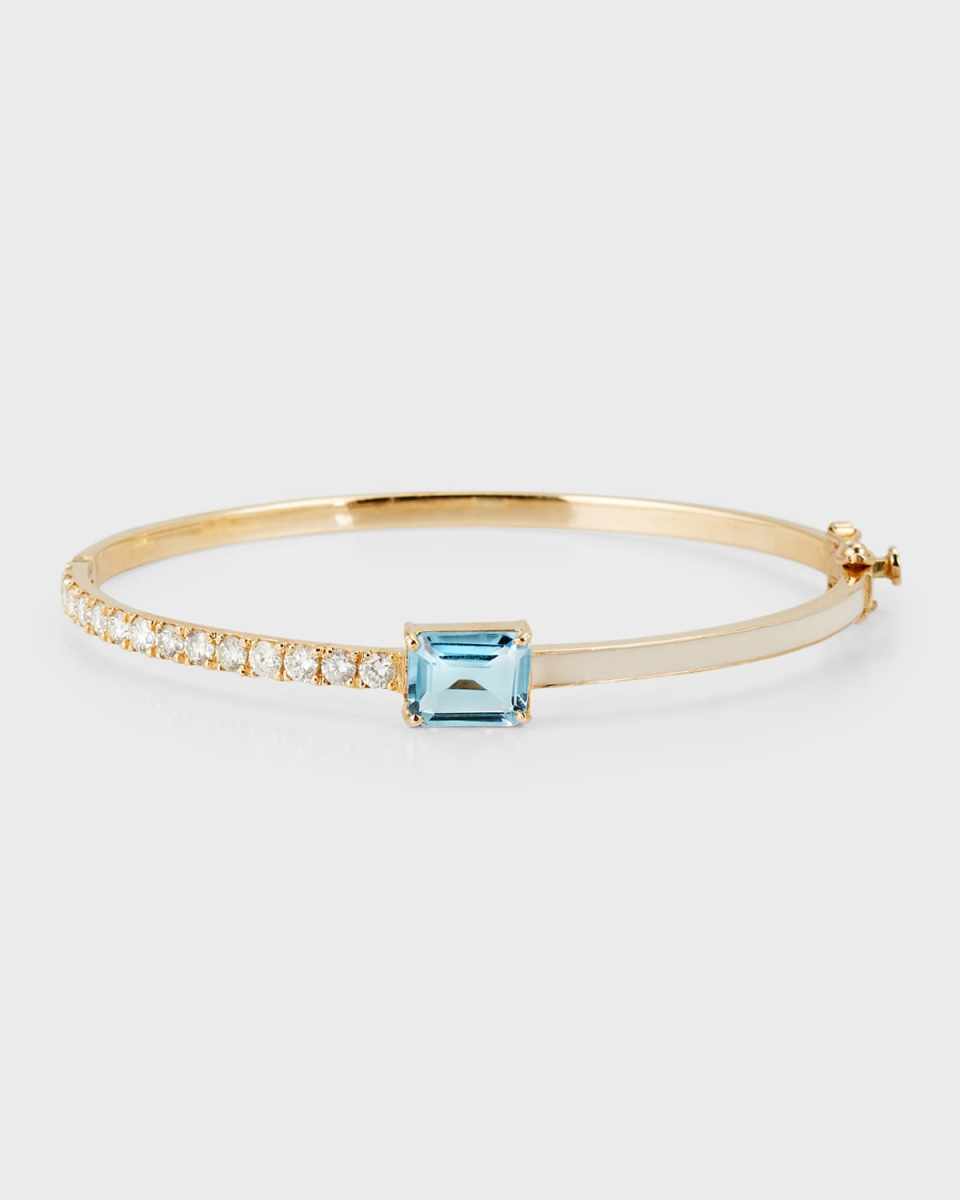 14K Yellow Gold Blue Topaz Diamond White-Enamel Bangle Bracelet, Medium