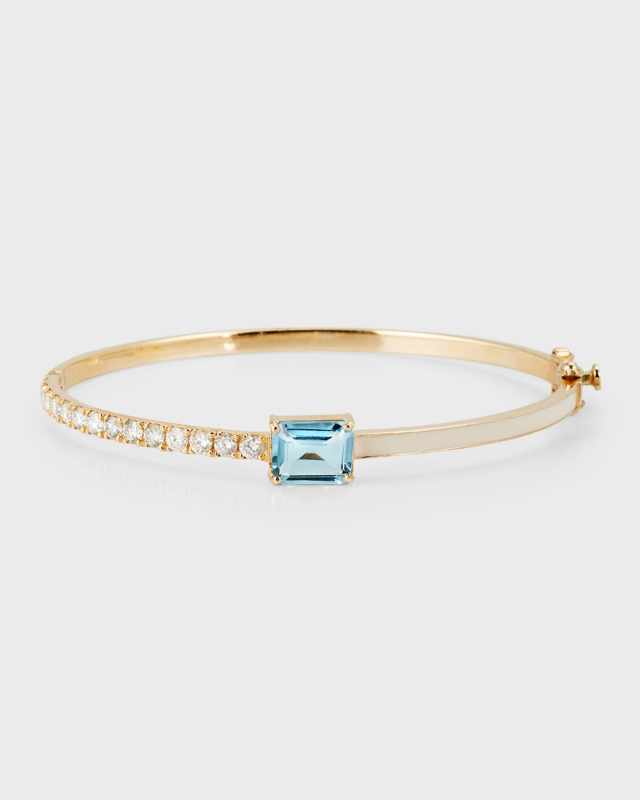 14K Yellow Gold Blue Topaz Diamond White-Enamel Bangle Bracelet, Medium