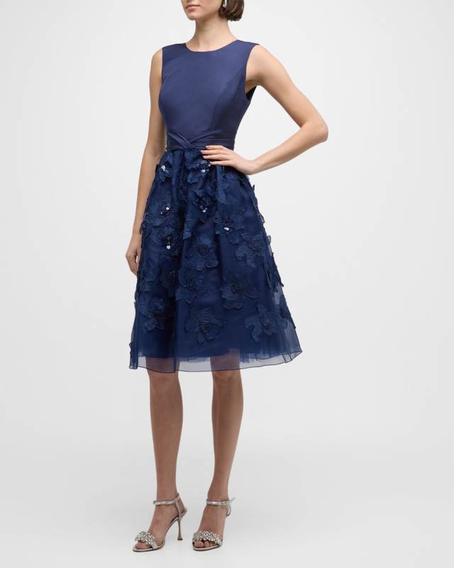 Flower Embroidered Applique Sleeveless A-Line Dress