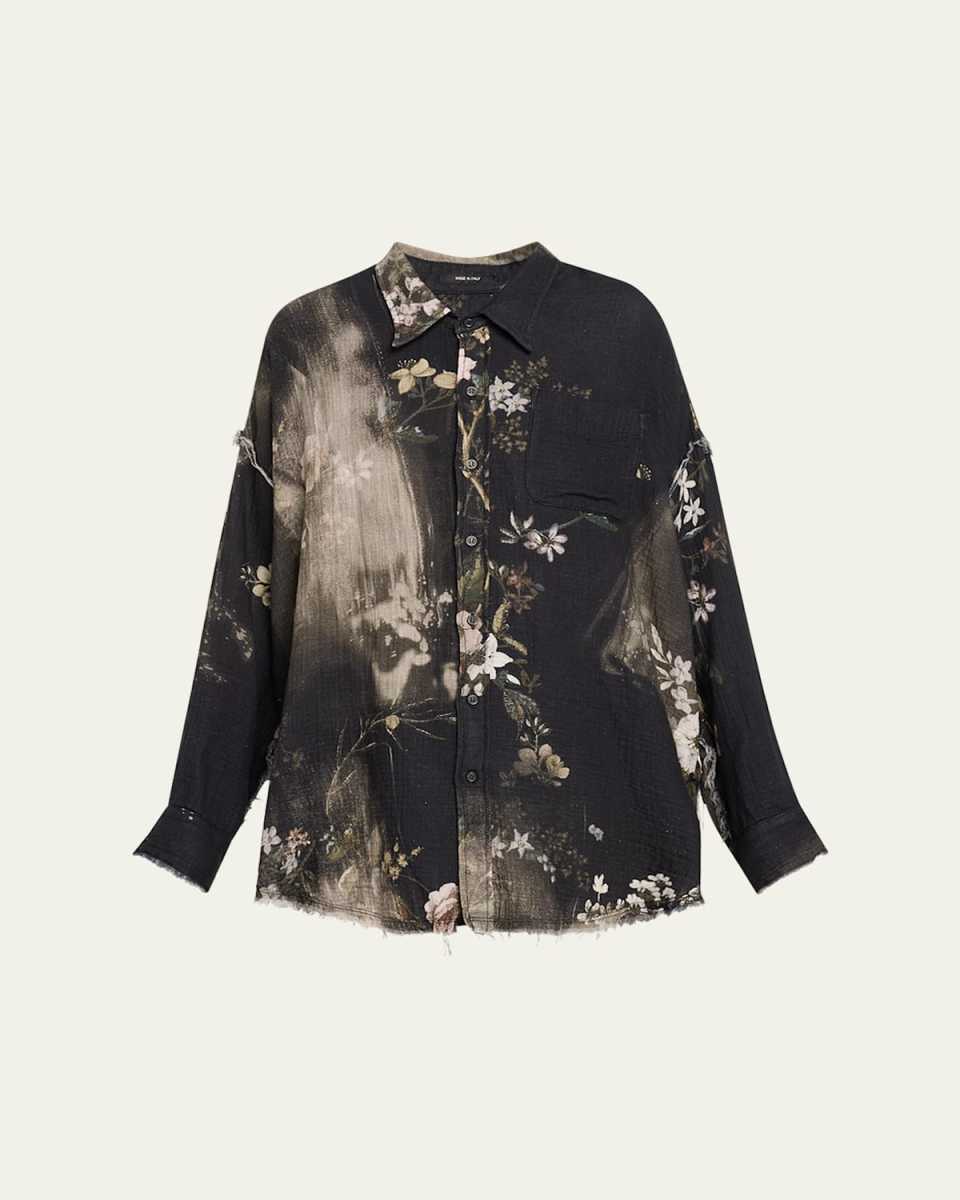 Distressed Floral Button-Front Shirt