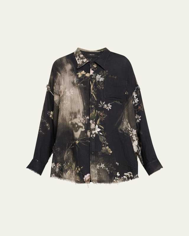 Distressed Floral Button-Front Shirt