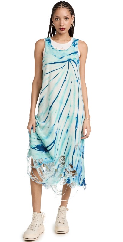 R13 Blue Tie Dye Destroyed Knit Tank Dress Tie-Dye Blue