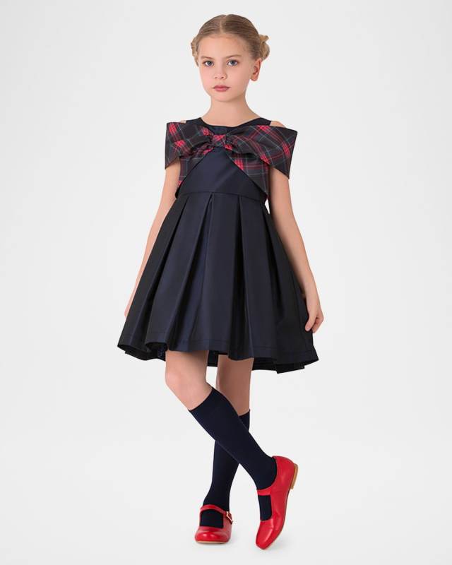 Girl's Pleated Dress W/ Plaid-Print Bow, Size 3T-12