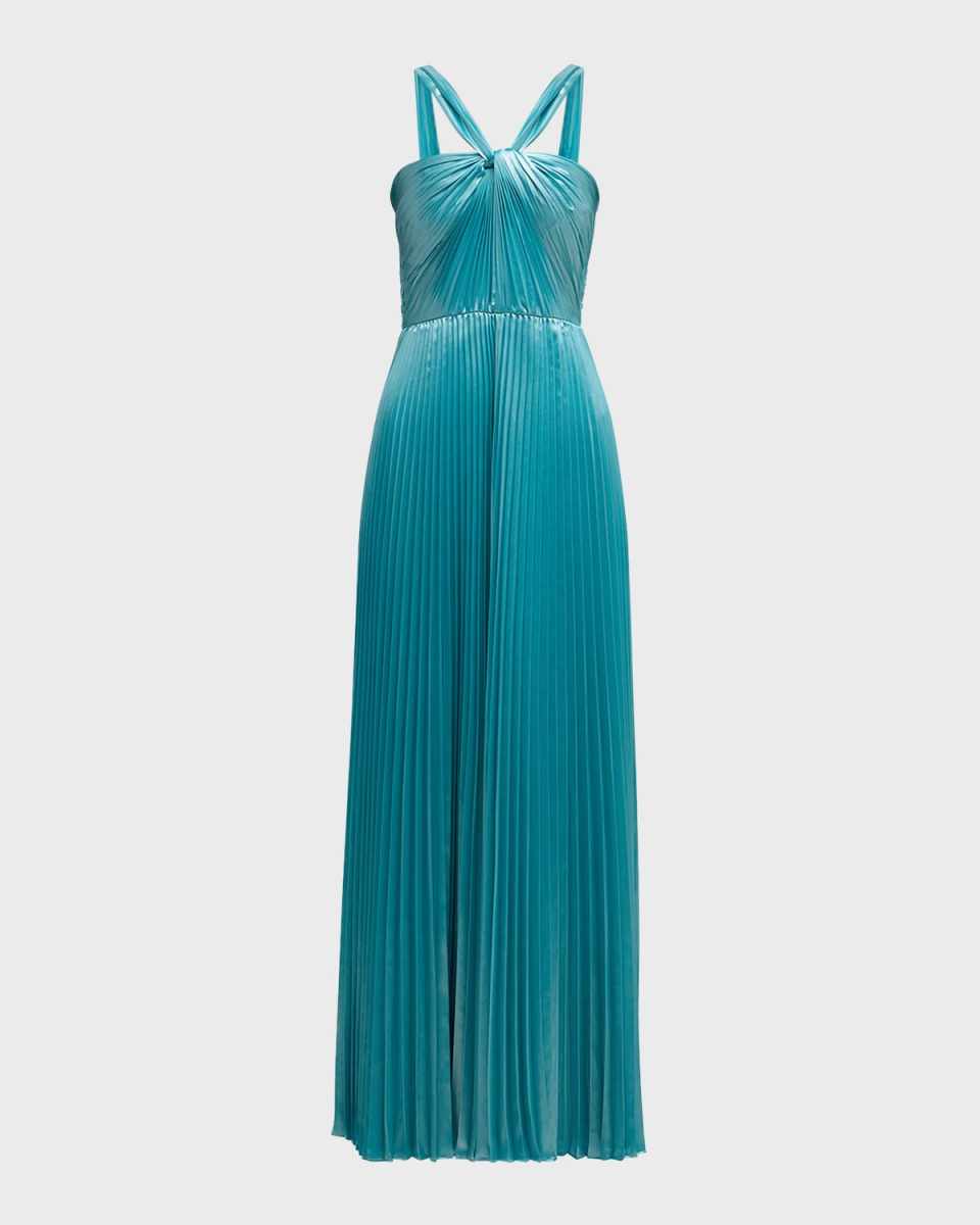 Zoe Pleated Metallic Halter Gown