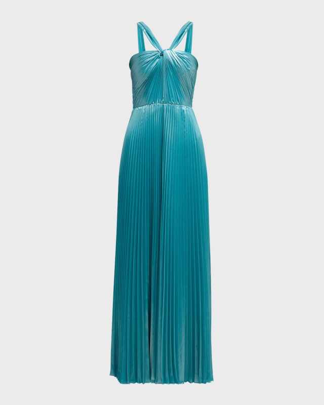 Zoe Pleated Metallic Halter Gown