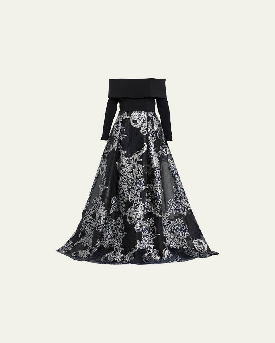 Pleated Off-Shoulder Metallic Jacquard Gown