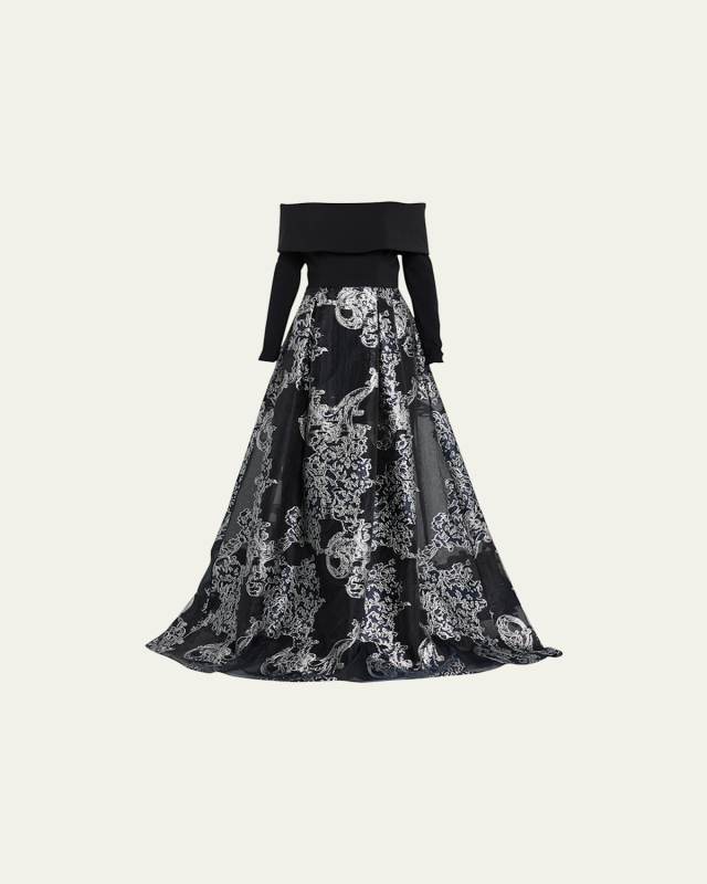Pleated Off-Shoulder Metallic Jacquard Gown