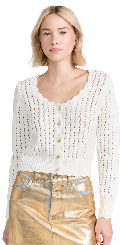 GANNI Cotton Lace Low Cardigan Bright White