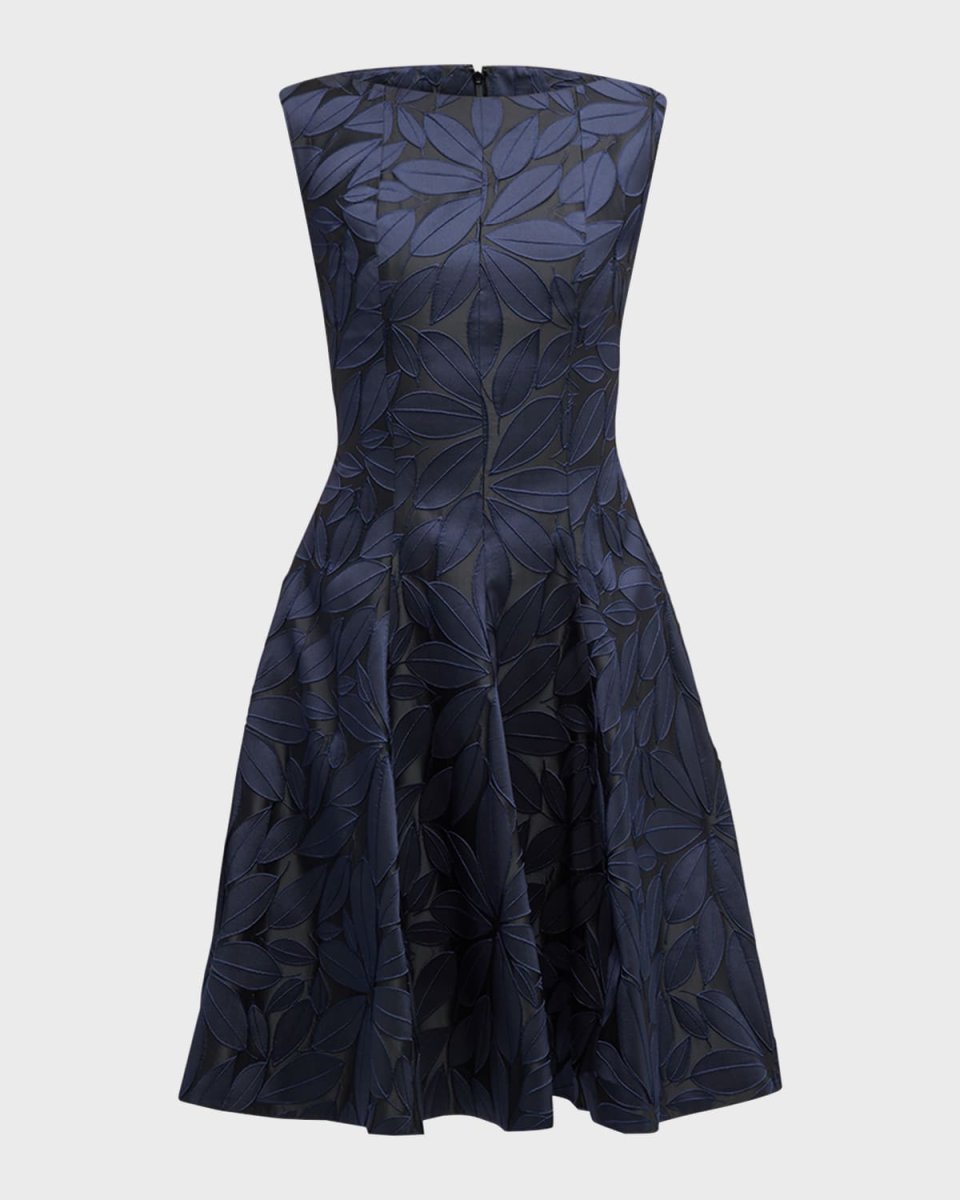 Leaf Flower Jacquard Cap-Sleeve Dress