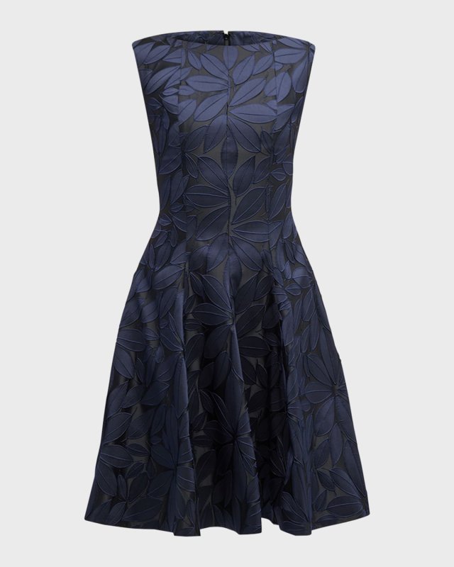 Leaf Flower Jacquard Cap-Sleeve Dress