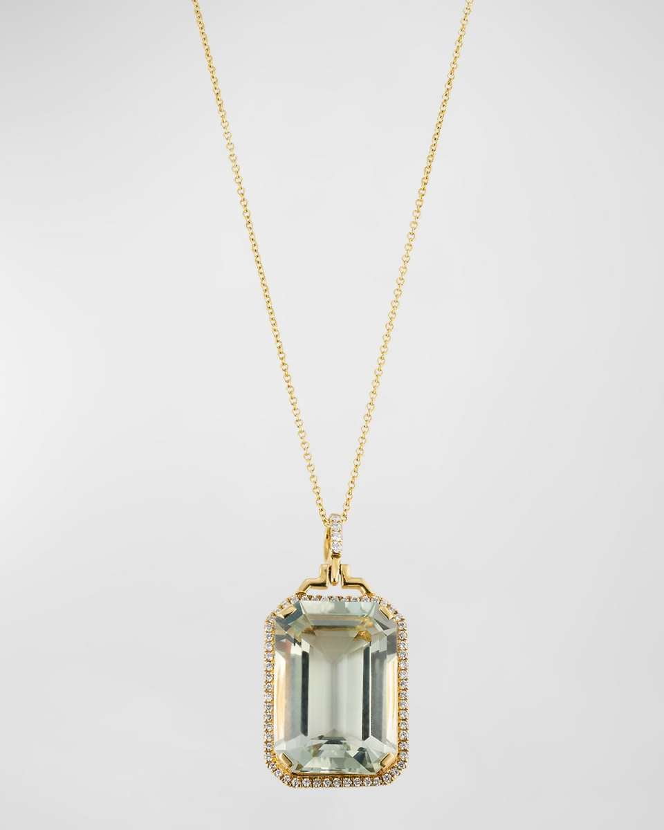 18K Yellow Gold Emerald Cut Prasiolite Pendant Necklace with Diamonds