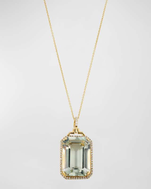 18K Yellow Gold Emerald Cut Prasiolite Pendant Necklace with Diamonds