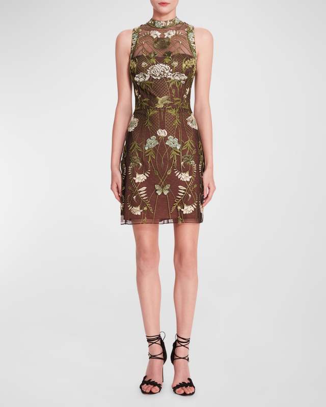 Floral-Embroidered Tulle Mini Dress