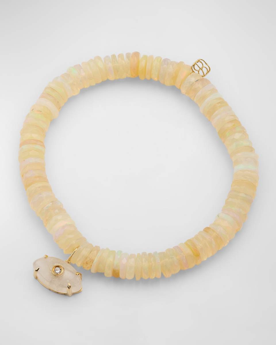 Carved Moonstone Bracelet with Evil Eye Charm on White Opal