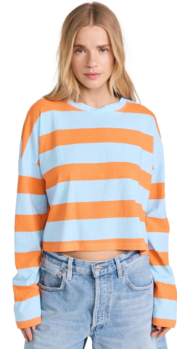 ASKK NY Printed Cropped Long Sleeve Top Orange Blue Stripe