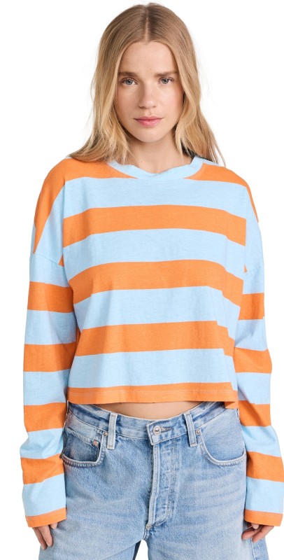 ASKK NY Printed Cropped Long Sleeve Top Orange Blue Stripe