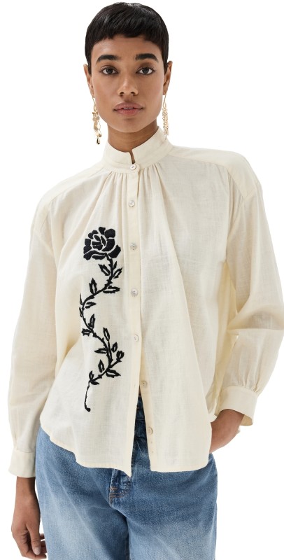 Alix of Bohemia Kiki Noir Rose Embroidered Shirt Ivory