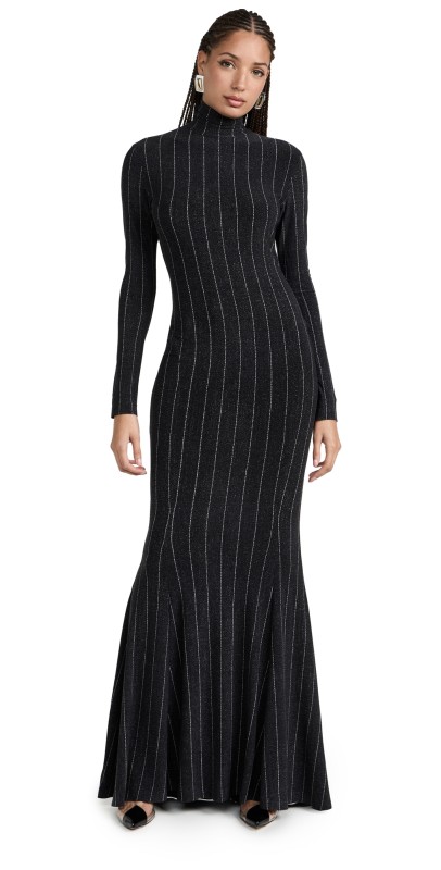 Norma Kamali Longleeve Turtle Fishtail Gown WOVEN PINSTRIPE