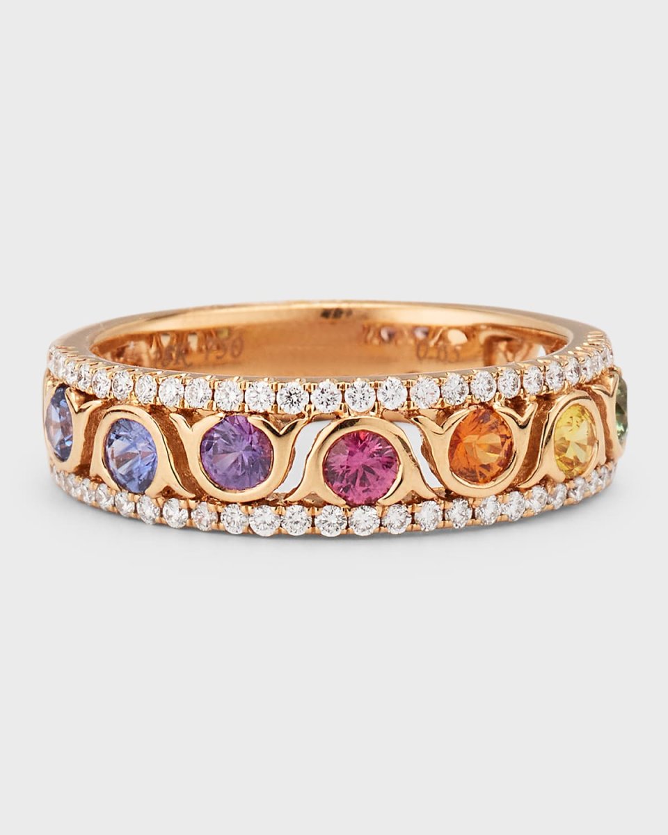 Rainbow 18K Rose Gold Sapphire Bezel and Diamond Triple Row Band Ring, Size 6