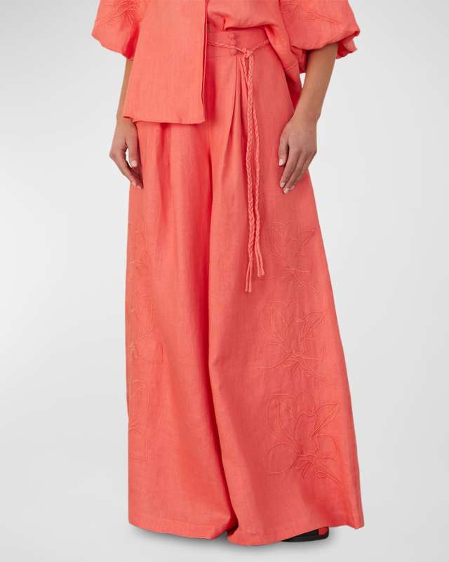 Elaina Floral-Embroidered Linen Palazzo Pants