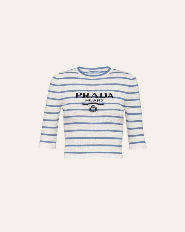 Stripe Rib Logo-Intarsia Crop Wool Top