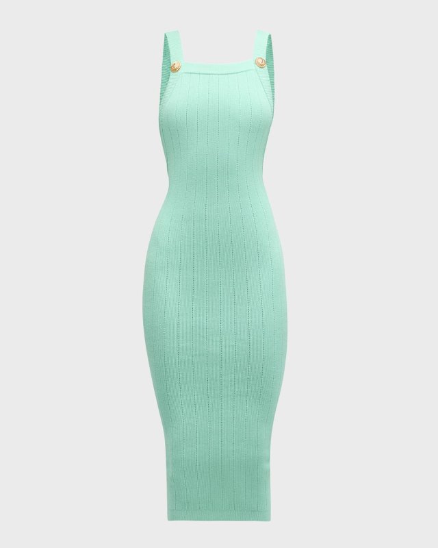2-Button Backless Pointelle Rib Knit Midi Dress