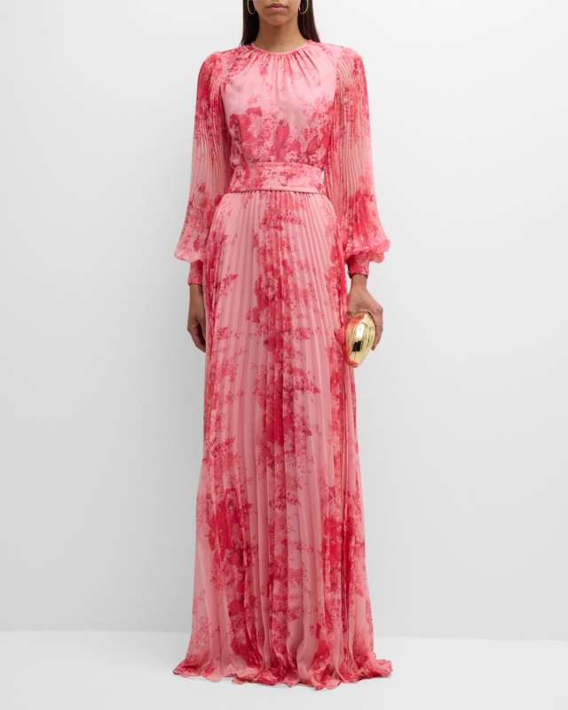 Pleated Floral-Print Blouson-Sleeve Gown