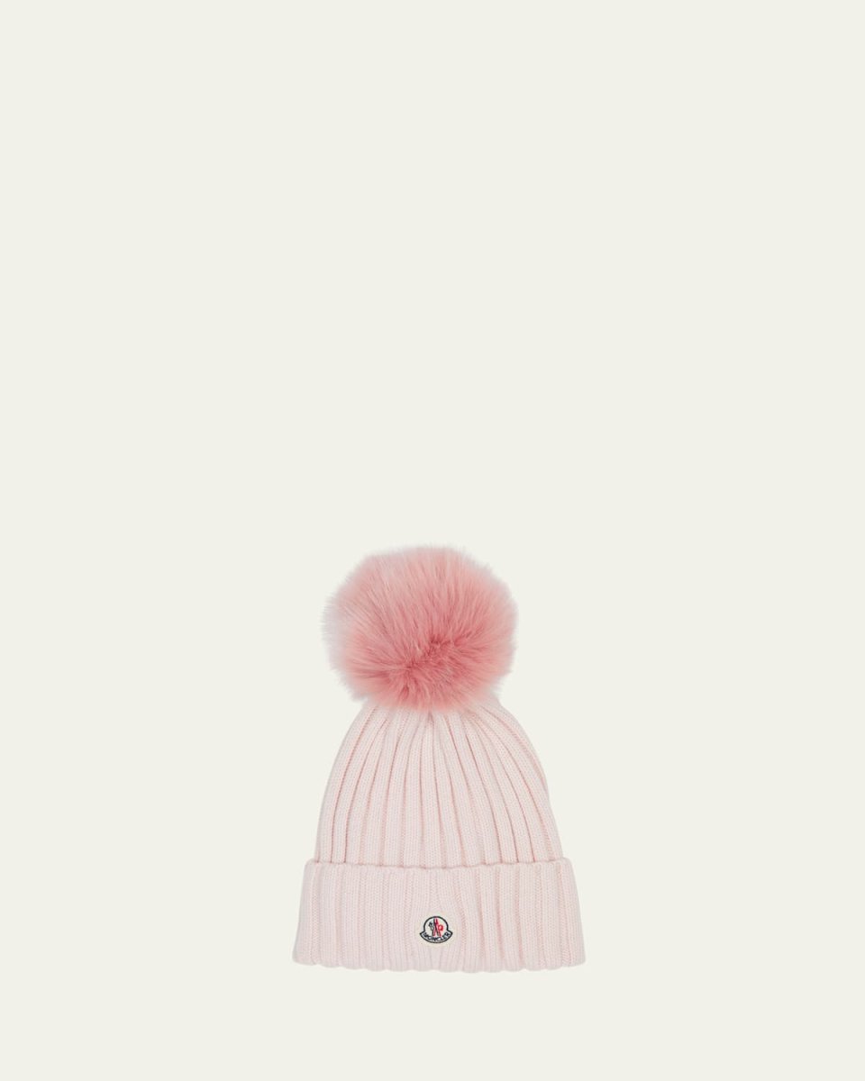 Ribbed Wool Beanie with Faux Fur Pom