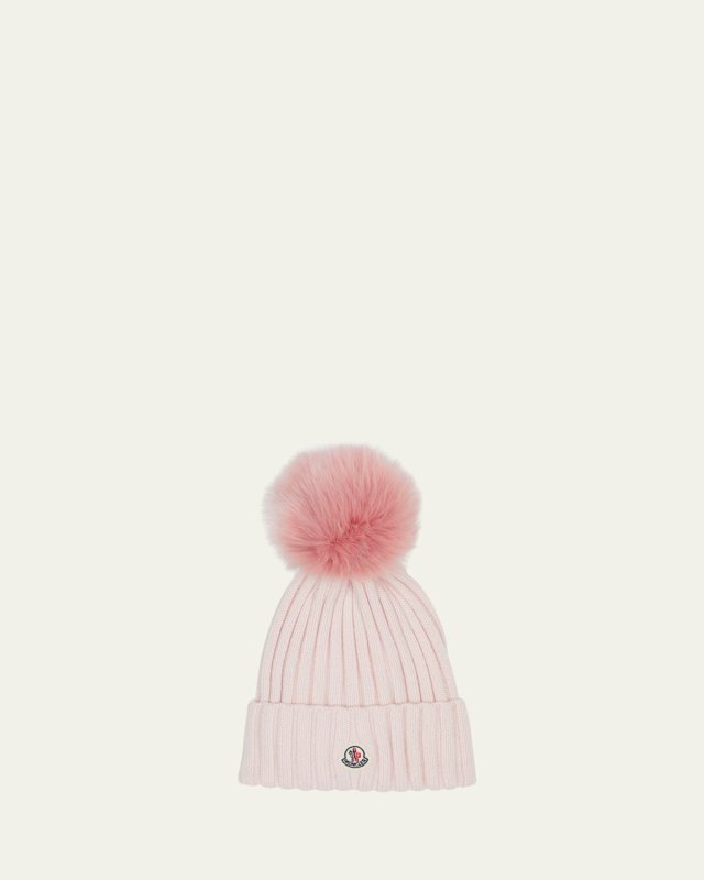 Ribbed Wool Beanie with Faux Fur Pom