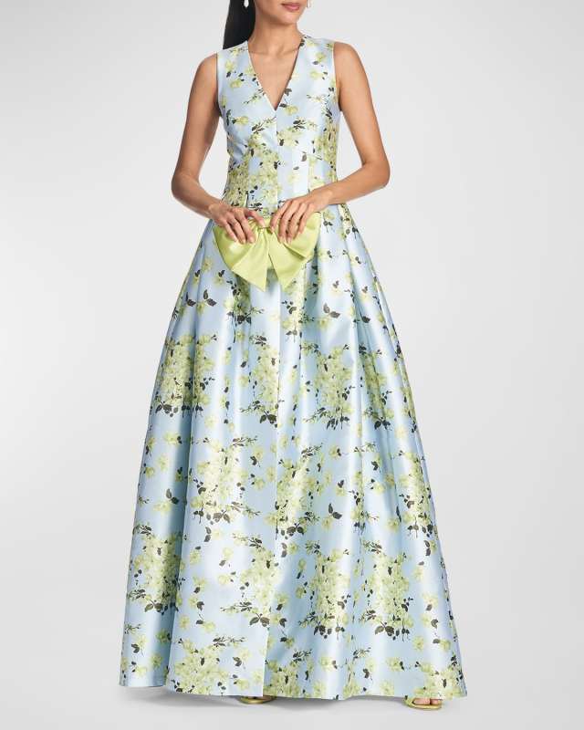 Brooke Pleated Floral-Print A-Line Gown